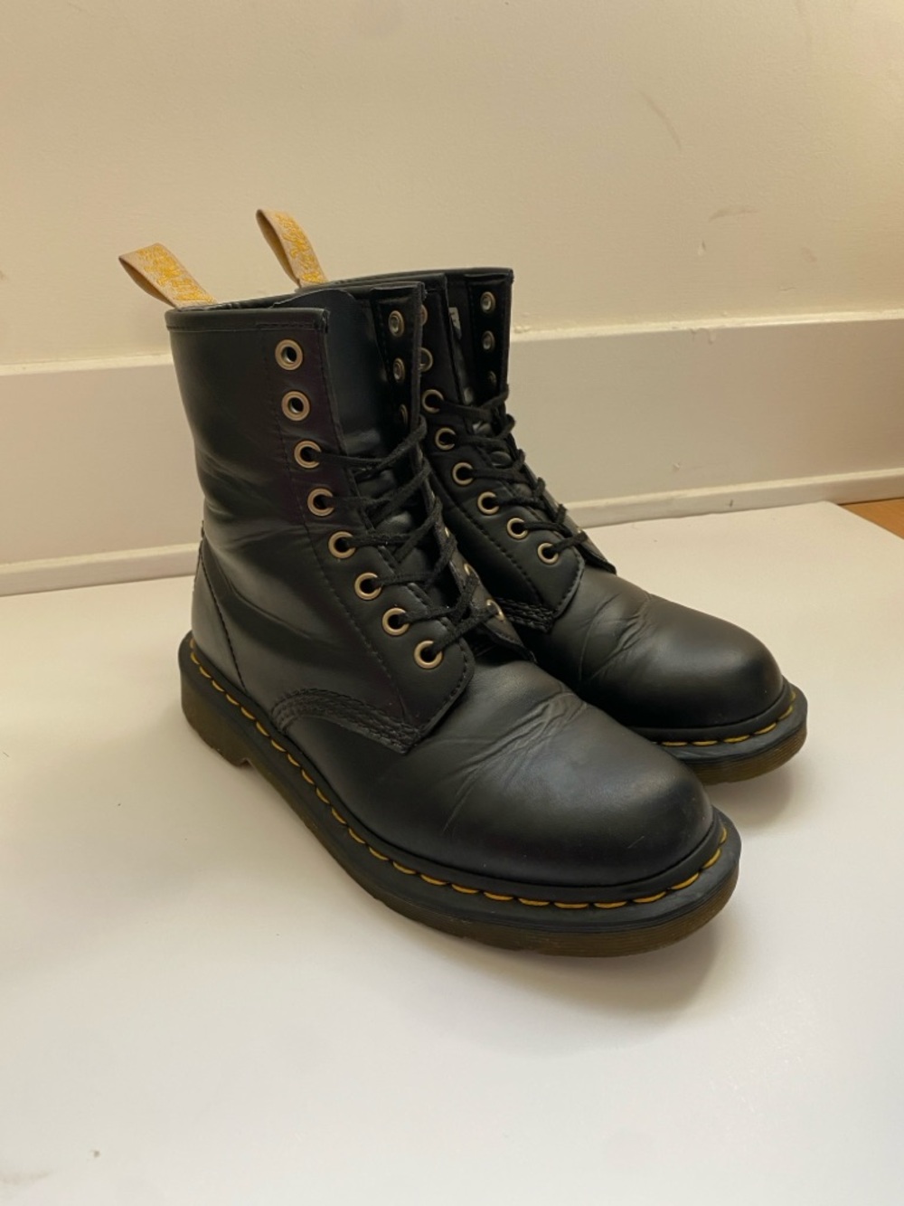 Dr. Martens Black Vegan LeatherLace-Up Ankle Boots with Yellow Stitching